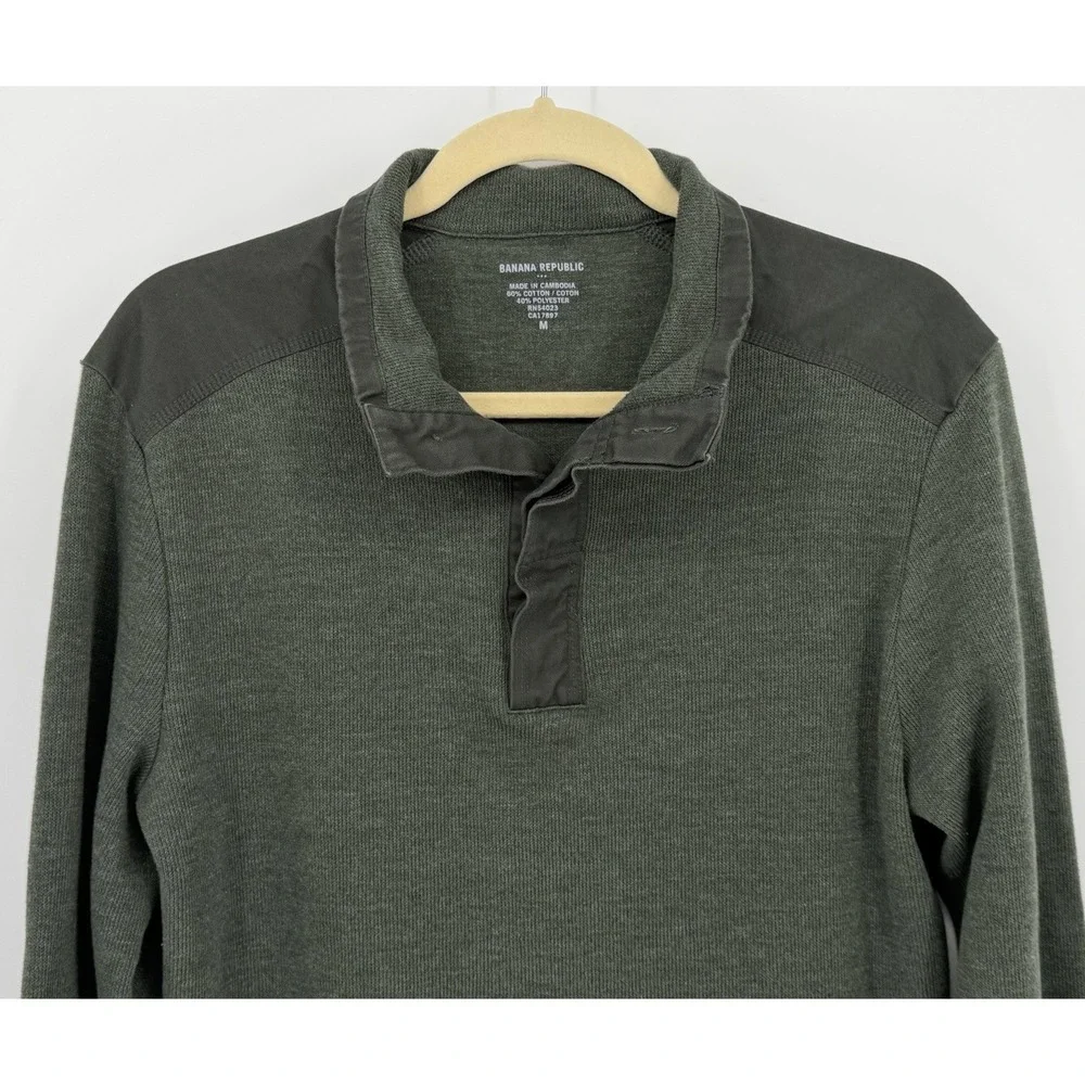 Banana Republic Mens MED 1/4 Button Henley‎ Shirt Green Cotton Blend Long Sleeve